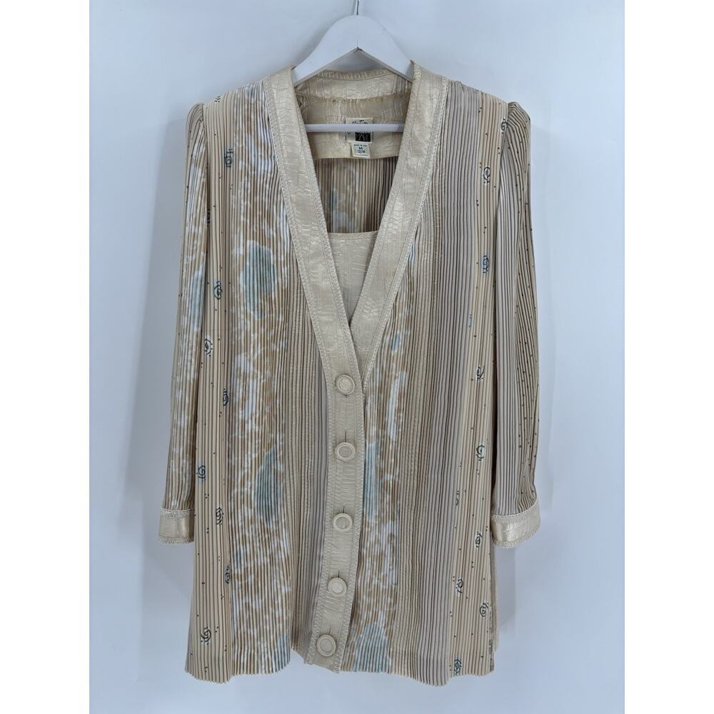 Jeanne Marc Vintage Blouse Jacket Set Womens 12/14 Gold Pleated Buttons Satin